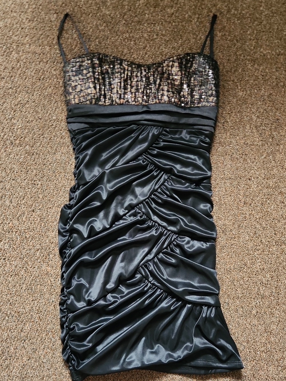 Taboo Black Satin Ruched Sequin Bust Mini Dress